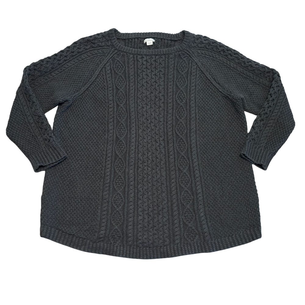 LLBean Cable Knit Sweater Womens 3X Fisherman Crewneck Zip Vents Cotton Charcoal